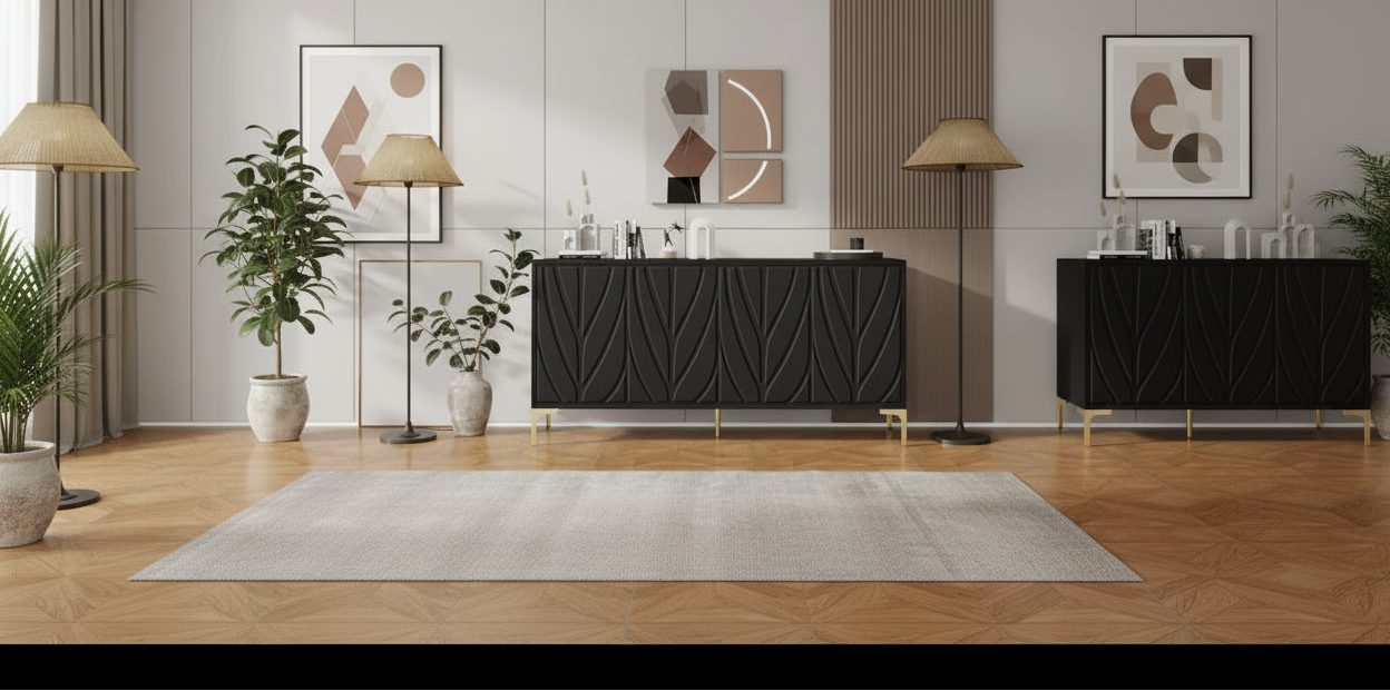Credenza 4 ante – Bianco/Nero, Senza maniglie Push-to-Open, Stile Intagliato