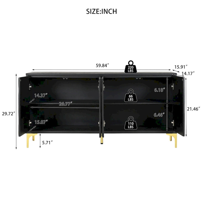 Credenza 4 ante – Bianco/Nero, Senza maniglie Push-to-Open, Stile Intagliato