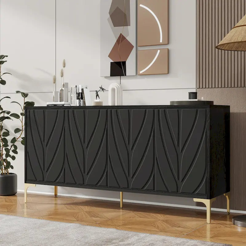 Credenza 4 ante – Bianco/Nero, Senza maniglie Push-to-Open, Stile Intagliato