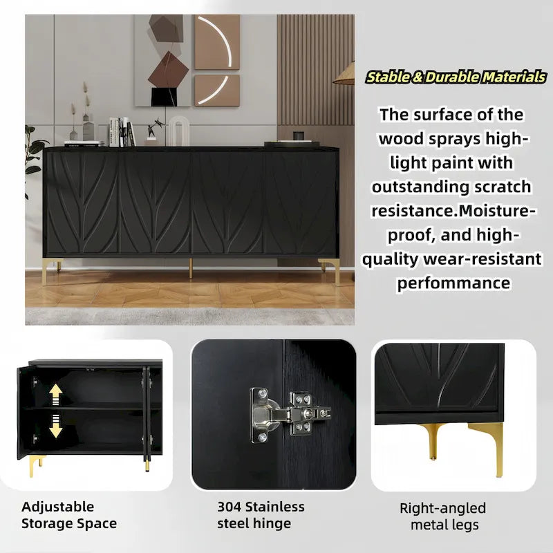 Credenza 4 ante – Bianco/Nero, Senza maniglie Push-to-Open, Stile Intagliato