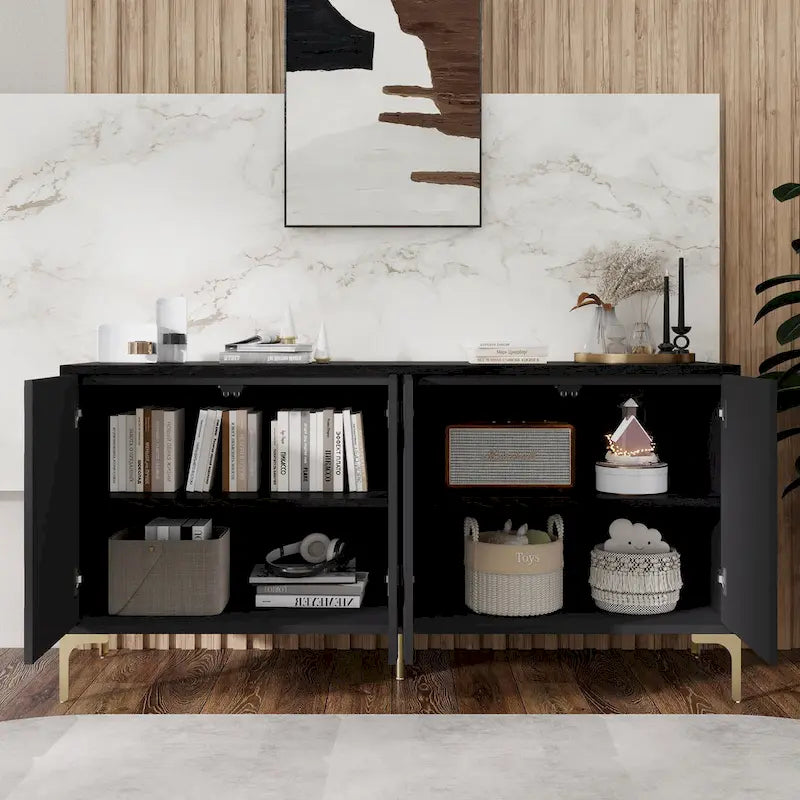 Credenza 4 ante – Bianco/Nero, Senza maniglie Push-to-Open, Stile Intagliato