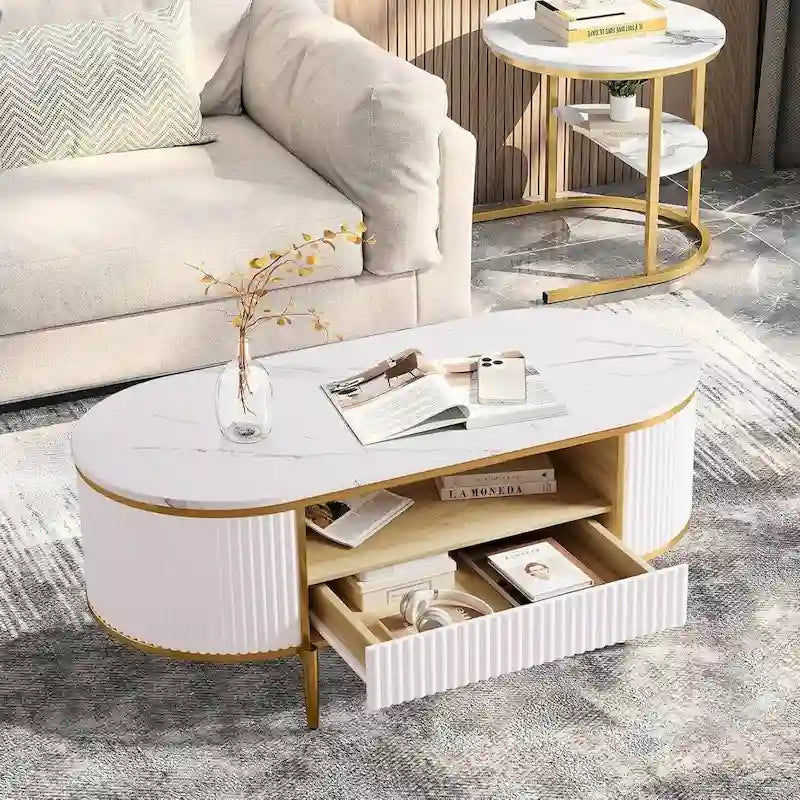 Tavolino ovale bianco con cassetti e ripiano effetto marmo