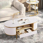Tavolino ovale bianco con cassetti e ripiano effetto marmo