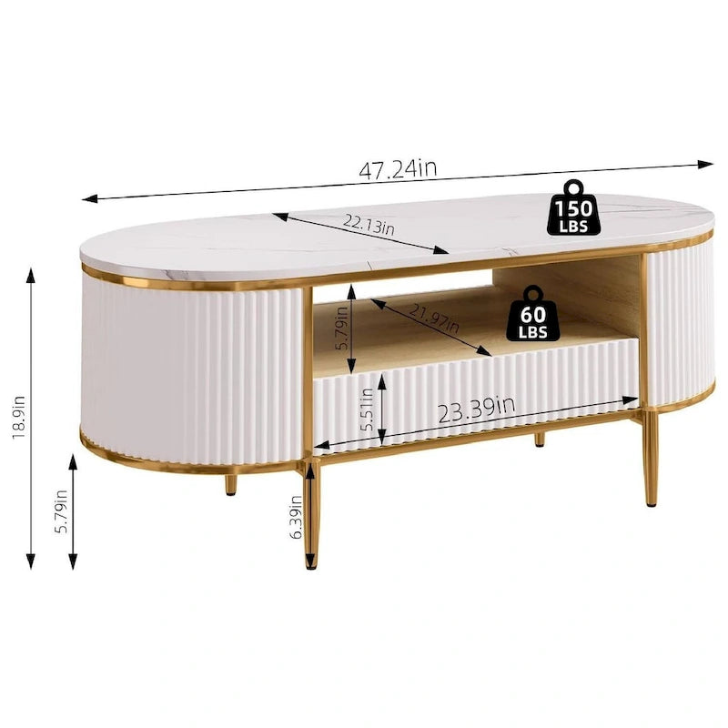 Tavolino ovale bianco con cassetti e ripiano effetto marmo