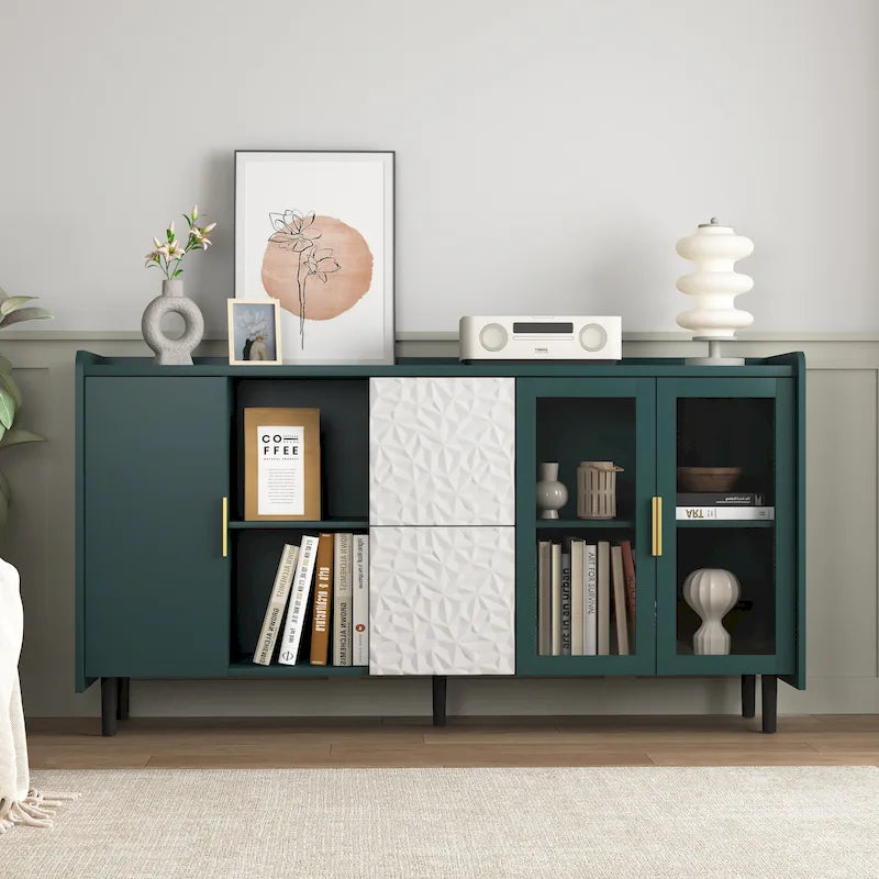 Credenza/Buffet Moderna con Ante in Vetro e Cassetti – Blu/Verde