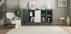 Modern Storage Cabinet with 2 Glass Doors, 2 Drawers and 2 Open Storage Compartment