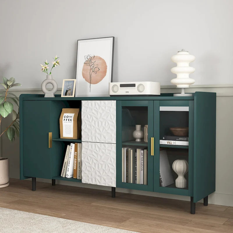 Credenza/Buffet Moderna con Ante in Vetro e Cassetti – Blu/Verde