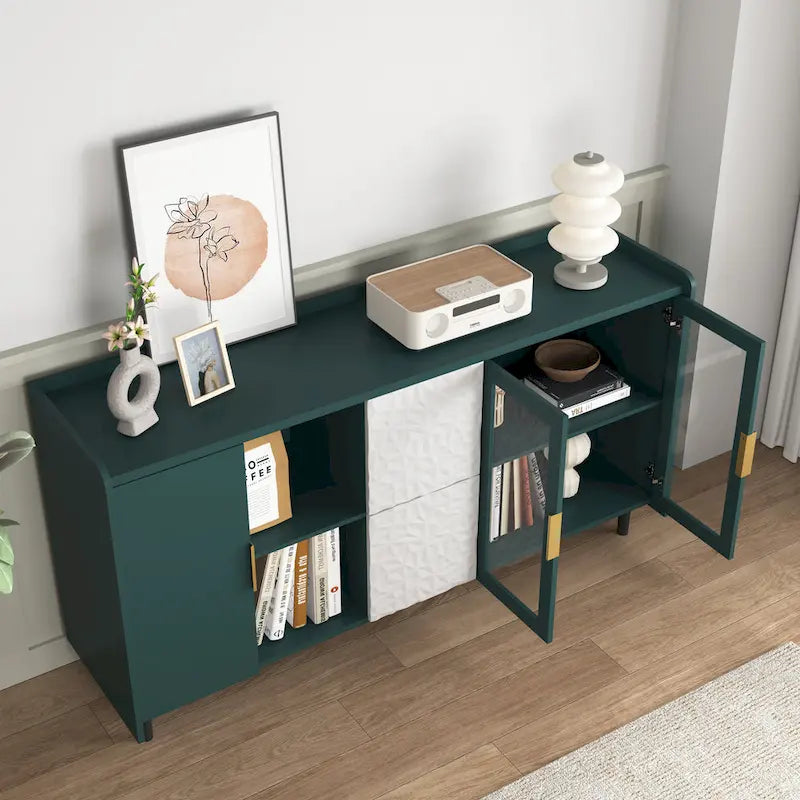 Credenza/Buffet Moderna con Ante in Vetro e Cassetti – Blu/Verde