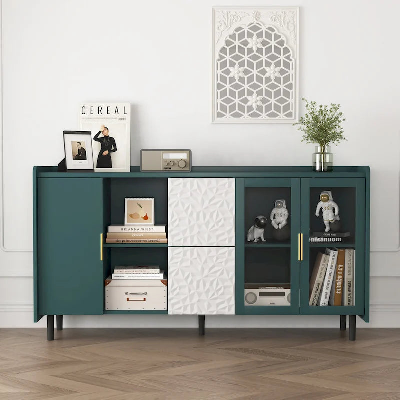 Credenza/Buffet Moderna con Ante in Vetro e Cassetti – Blu/Verde