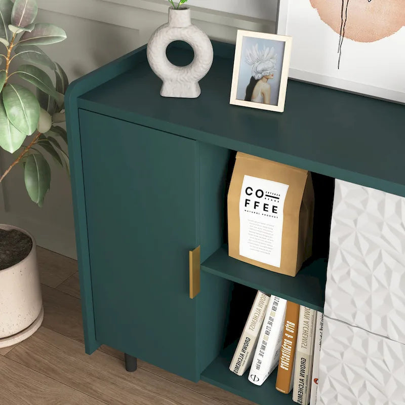 Credenza/Buffet Moderna con Ante in Vetro e Cassetti – Blu/Verde