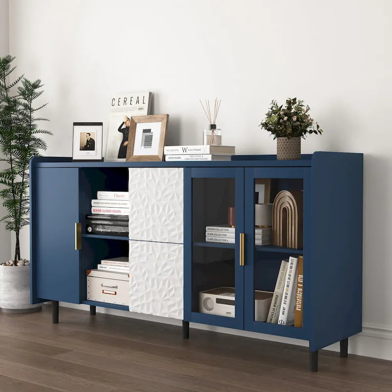 Credenza/Buffet Moderna con Ante in Vetro e Cassetti – Blu/Verde
