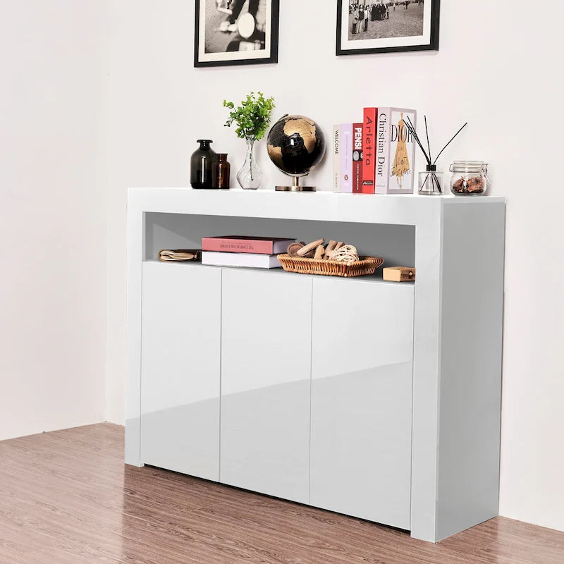 Credenza a 3 ante in bianco lucido con luci LED
