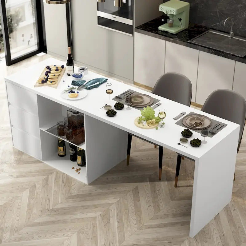 Isola Cucina Bianca con Tavolo da Pranzo e Contenitore