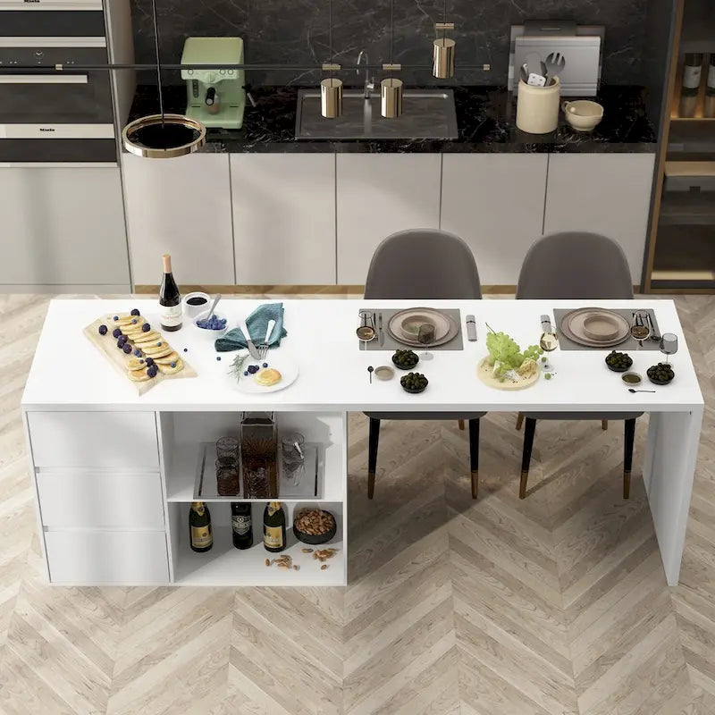 Isola Cucina Bianca con Tavolo da Pranzo e Contenitore