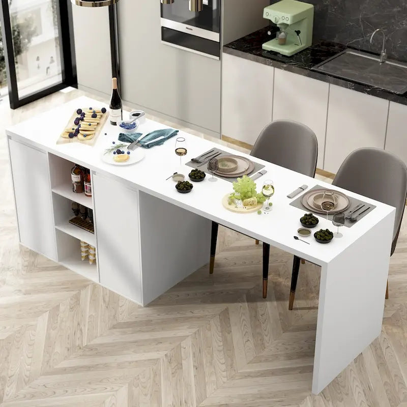 Isola Cucina Bianca con Tavolo da Pranzo e Contenitore