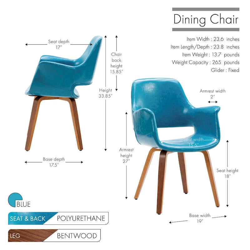Sedia da pranzo in pelle PU, gambe in legno curvato, set da 2 – Blu / Verde / Bianco / Nero