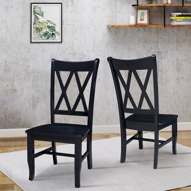 Sedia da Pranzo con Schienale a X in Legno Massello, Set da 2 – Gesso Anticato / Bianco / Nero