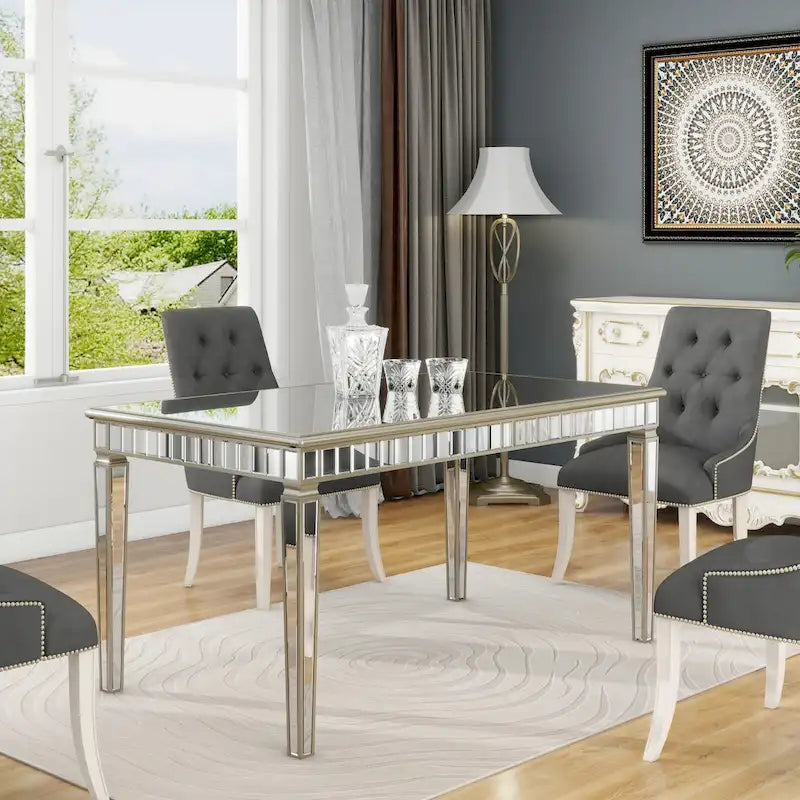 Tavolo da pranzo rettangolare specchiato color oro, 8 posti a sedere