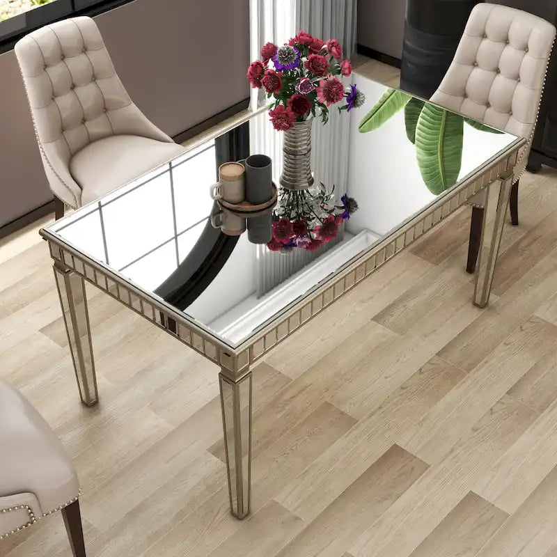 Tavolo da pranzo rettangolare specchiato color oro, 8 posti a sedere