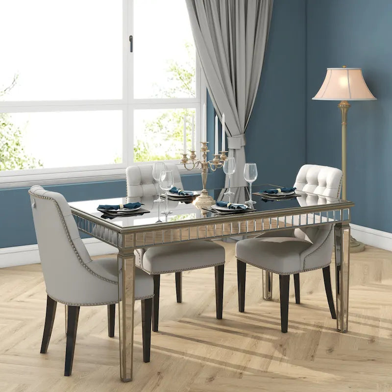 Tavolo da pranzo rettangolare specchiato color oro, 8 posti a sedere