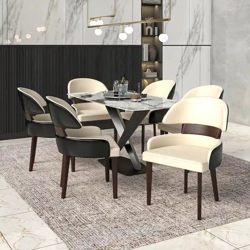 Sedia da Pranzo in Pelle Vegana – Schienale Curvo, Gambe in Legno di Gomma, 1 Posto (Bianco / Nero / Tortora / Grigio)