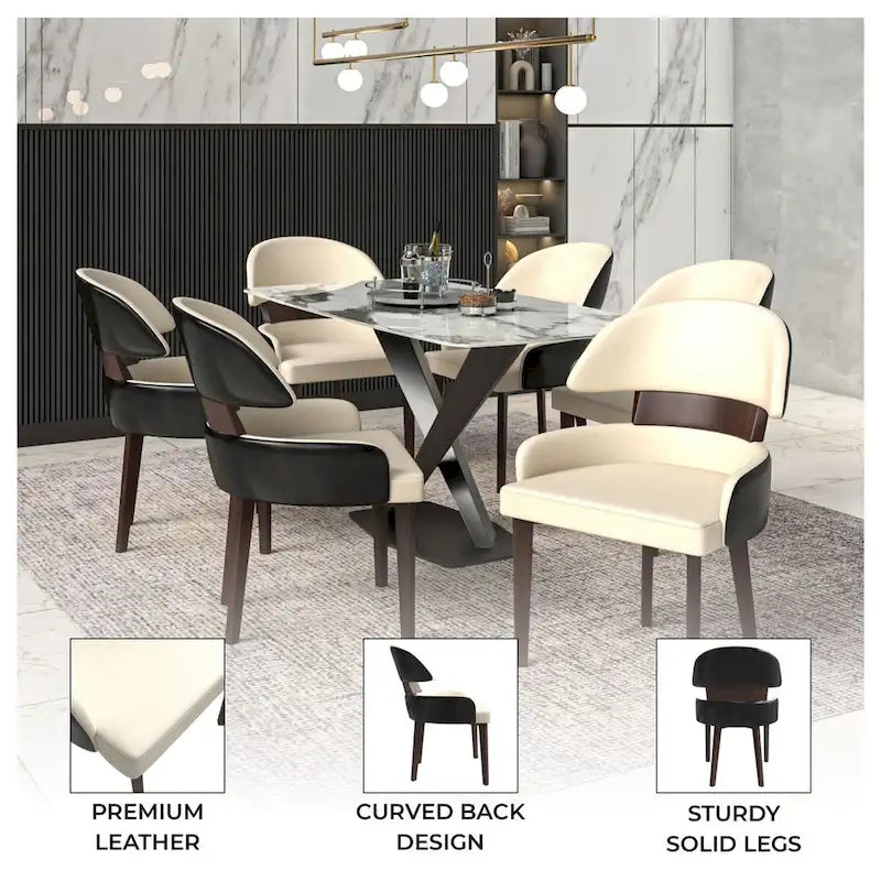 Sedia da Pranzo in Pelle Vegana – Schienale Curvo, Gambe in Legno di Gomma, 1 Posto (Bianco / Nero / Tortora / Grigio)
