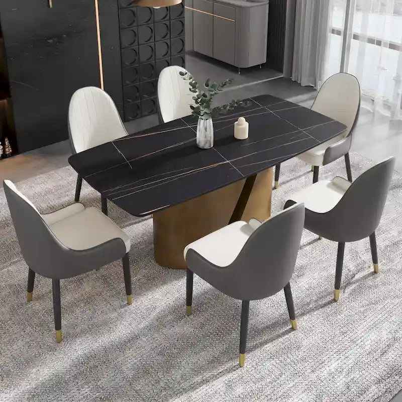 Tavolo da pranzo in pietra sinterizzata, nero/bianco/Pandora, gambe dorate, per 6–8 persone