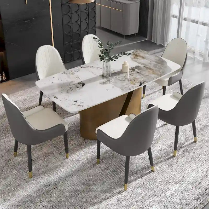 Tavolo da pranzo in pietra sinterizzata, nero/bianco/Pandora, gambe dorate, per 6–8 persone