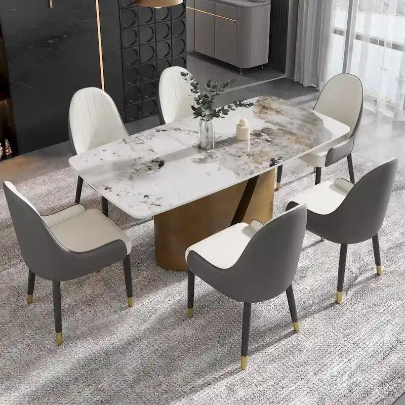 Tavolo da pranzo in pietra sinterizzata, nero/bianco/Pandora, gambe dorate, per 6–8 persone
