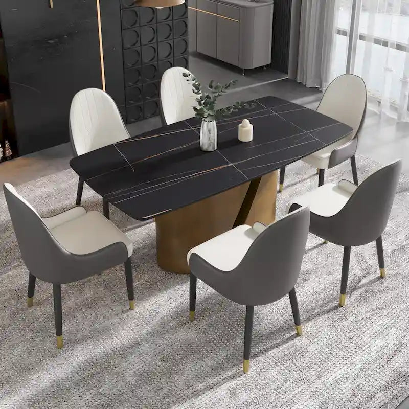Tavolo da pranzo in pietra sinterizzata, nero/bianco/Pandora, gambe dorate, per 6–8 persone