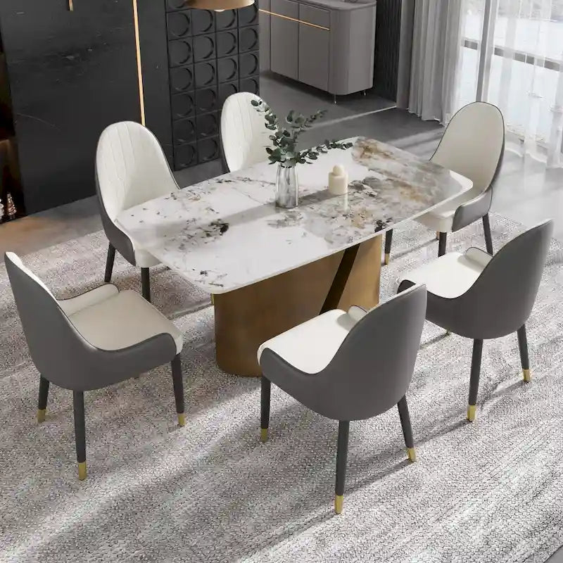 Tavolo da pranzo in pietra sinterizzata, nero/bianco/Pandora, gambe dorate, per 6–8 persone