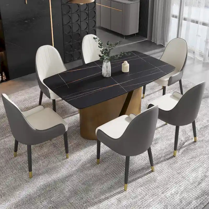 Tavolo da pranzo in pietra sinterizzata, nero/bianco/Pandora, gambe dorate, per 6–8 persone