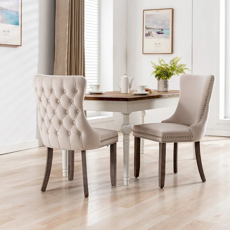 Sedia da pranzo in velluto con schienale ad ala e rivetti, set da 2 – Oro / Grigio / Nero / Blu / Beige