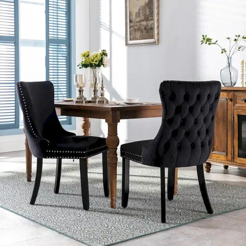 Sedia da pranzo in velluto con schienale ad ala e rivetti, set da 2 – Oro / Grigio / Nero / Blu / Beige