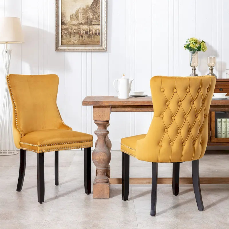 Sedia da pranzo in velluto con schienale ad ala e rivetti, set da 2 – Oro / Grigio / Nero / Blu / Beige