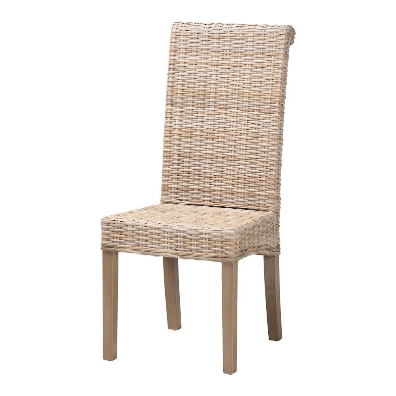 Sedia da pranzo bohémien singola in rattan Kubu grigio/tortora rustico e legno di mango