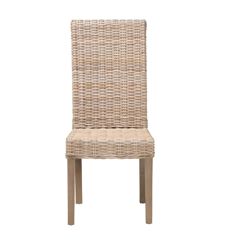 Sedia da pranzo bohémien singola in rattan Kubu grigio/tortora rustico e legno di mango