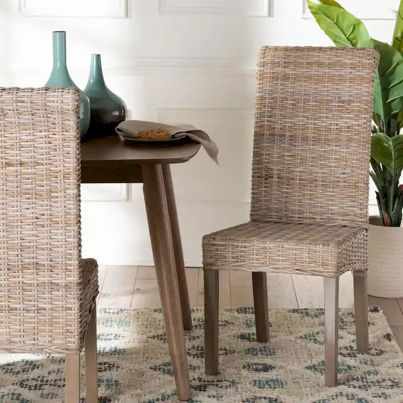 Sedia da pranzo bohémien singola in rattan Kubu grigio/tortora rustico e legno di mango