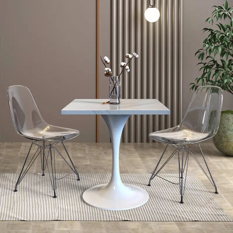 Tavolo da pranzo quadrato con base in acciaio bianco, piano in resina