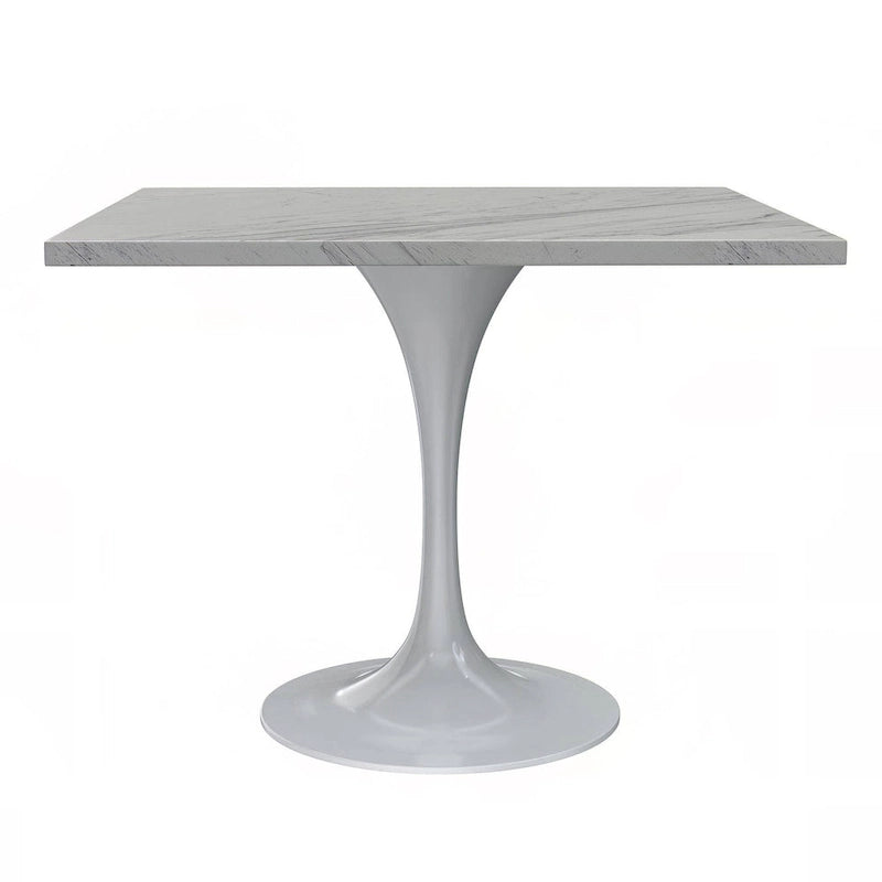 Tavolo da pranzo quadrato con base in acciaio bianco, piano in resina