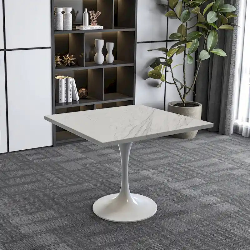 Tavolo da pranzo quadrato con base in acciaio bianco, piano in resina