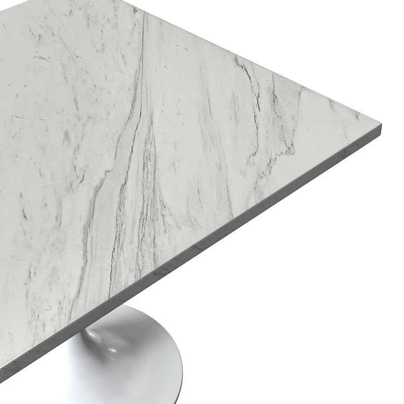 Tavolo da pranzo quadrato con base in acciaio bianco, piano in resina