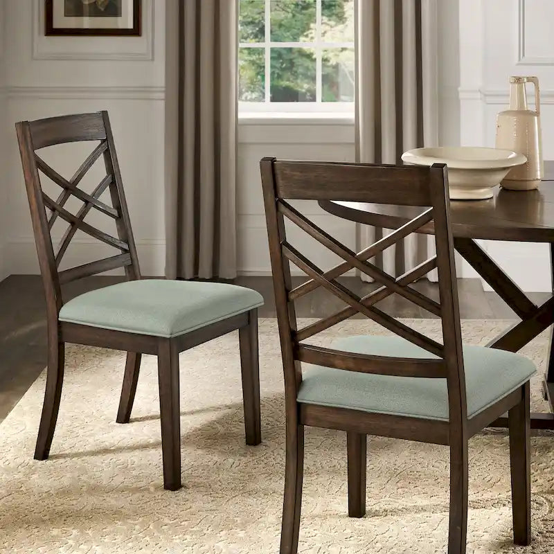 Sedie da pranzo con finitura espresso, schienale a griglia, seduta imbottita, set da 2