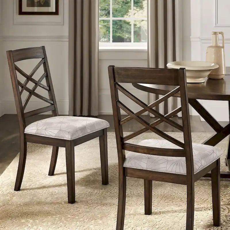 Sedie da pranzo con finitura espresso, schienale a griglia, seduta imbottita, set da 2