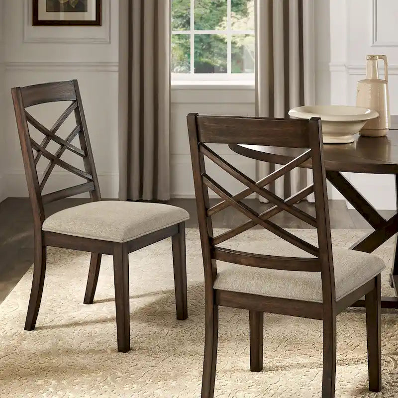Sedie da pranzo con finitura espresso, schienale a griglia, seduta imbottita, set da 2