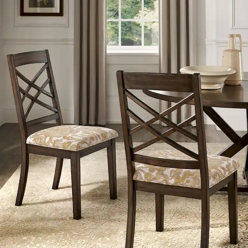 Sedie da pranzo con finitura espresso, schienale a griglia, seduta imbottita, set da 2