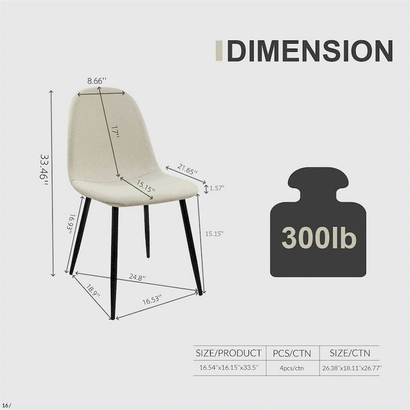 Sedia da pranzo con gambe in metallo, lino/scamosciato, set da 4