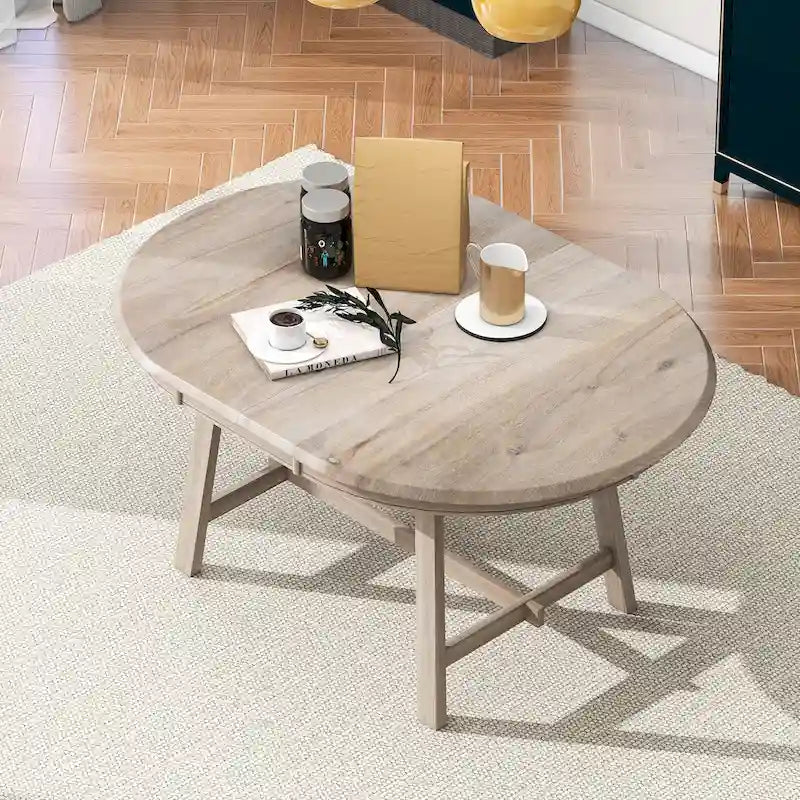 Tavolo da pranzo rotondo allungabile lavato grigio/legno naturale, 4 posti