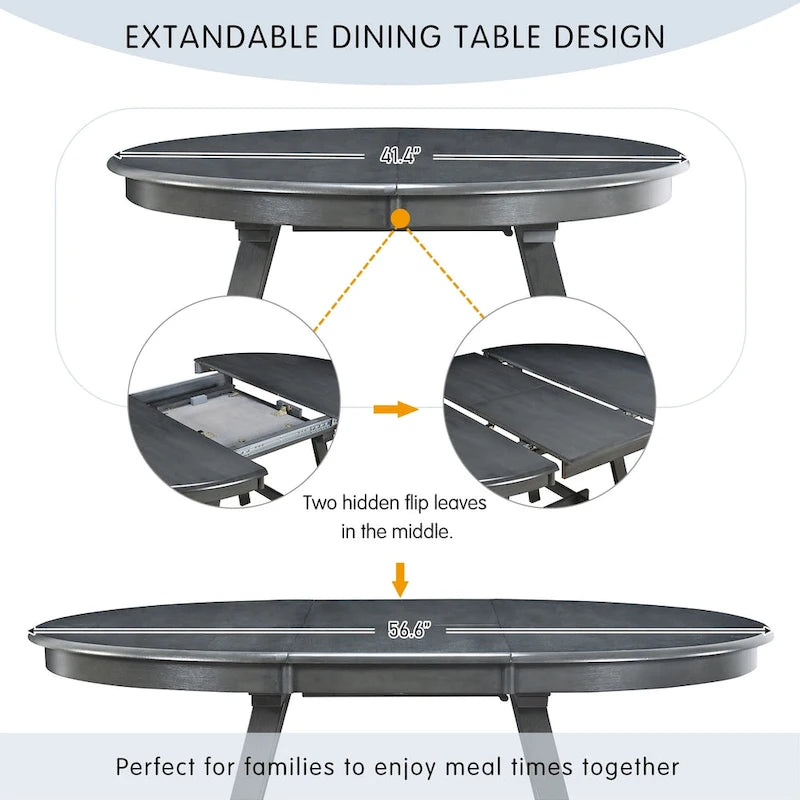 Tavolo da pranzo rotondo allungabile lavato grigio/legno naturale, 4 posti