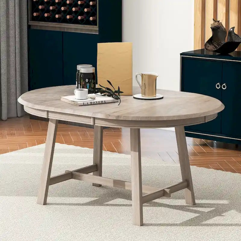 Tavolo da pranzo rotondo allungabile lavato grigio/legno naturale, 4 posti